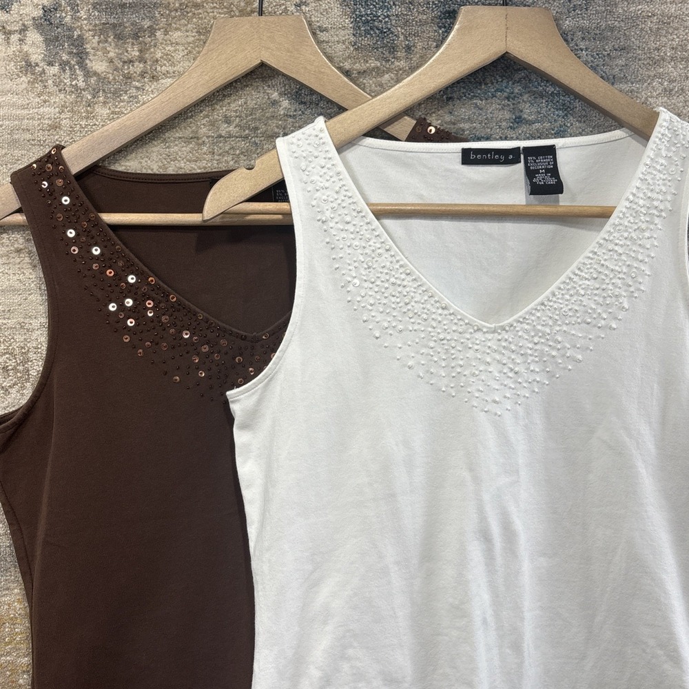 Bentley A Women's Tank Tops Medium Brown White Beaded Sequin V Neck Lot of 2